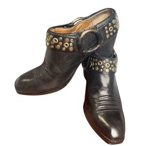 Lucchese 1883 Black Leather Studded Western Mule Slides Boots Sz 9 Moto Cowboy